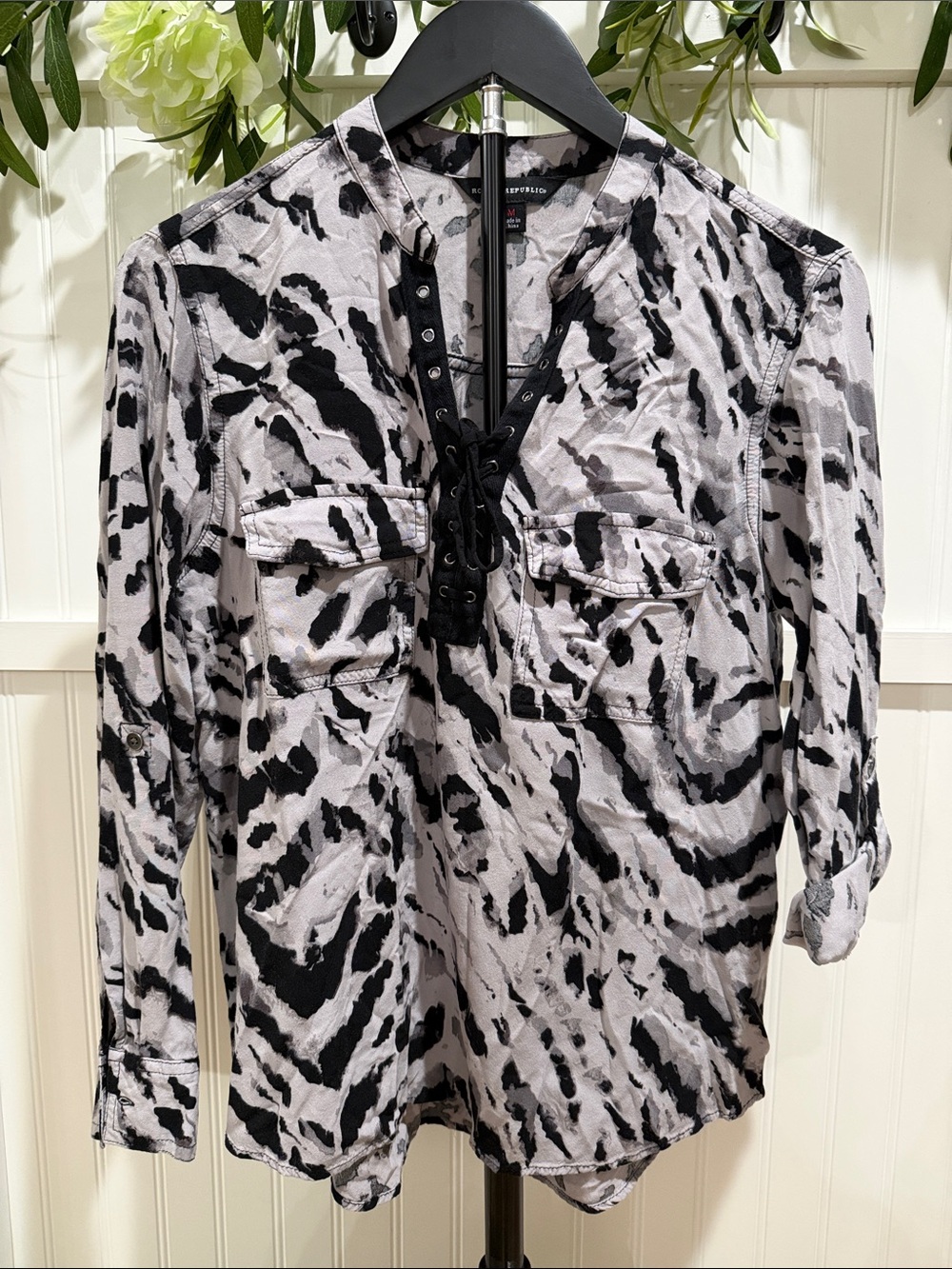 #1028 ROCK & REPUBLIC Black & White Lace-Up Zebra Print Top
